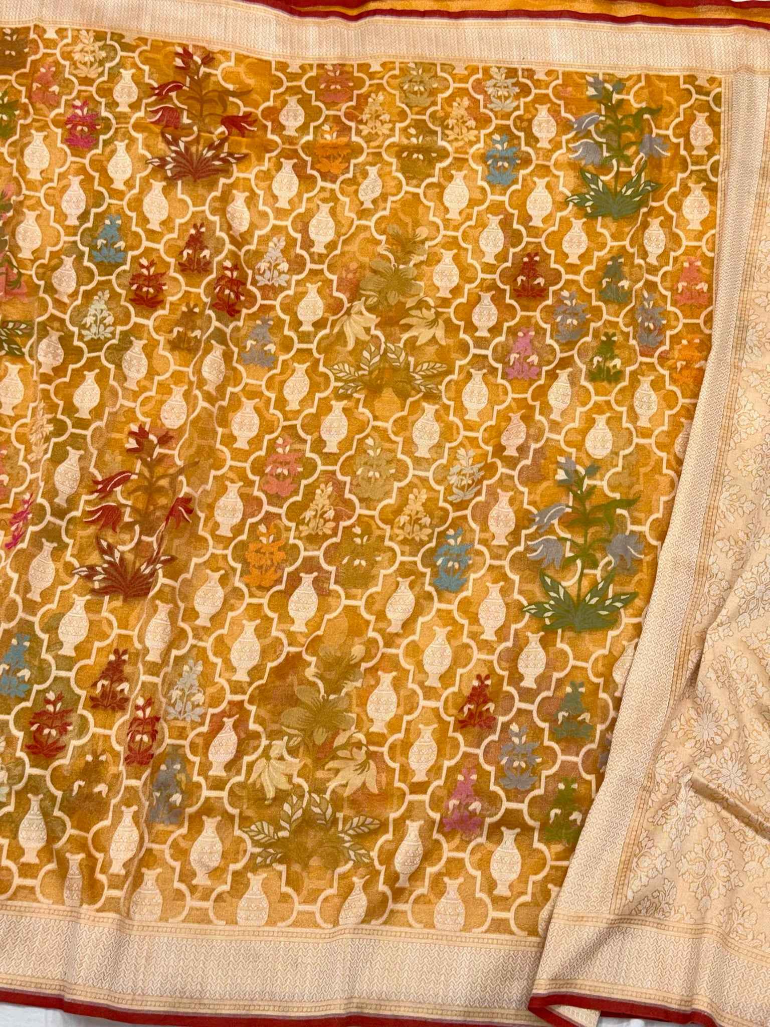 Mustard Yellow Pure Muslin Cotton & Tissue Jamdani | Ektara Weave | Handloom Banarasi Saree