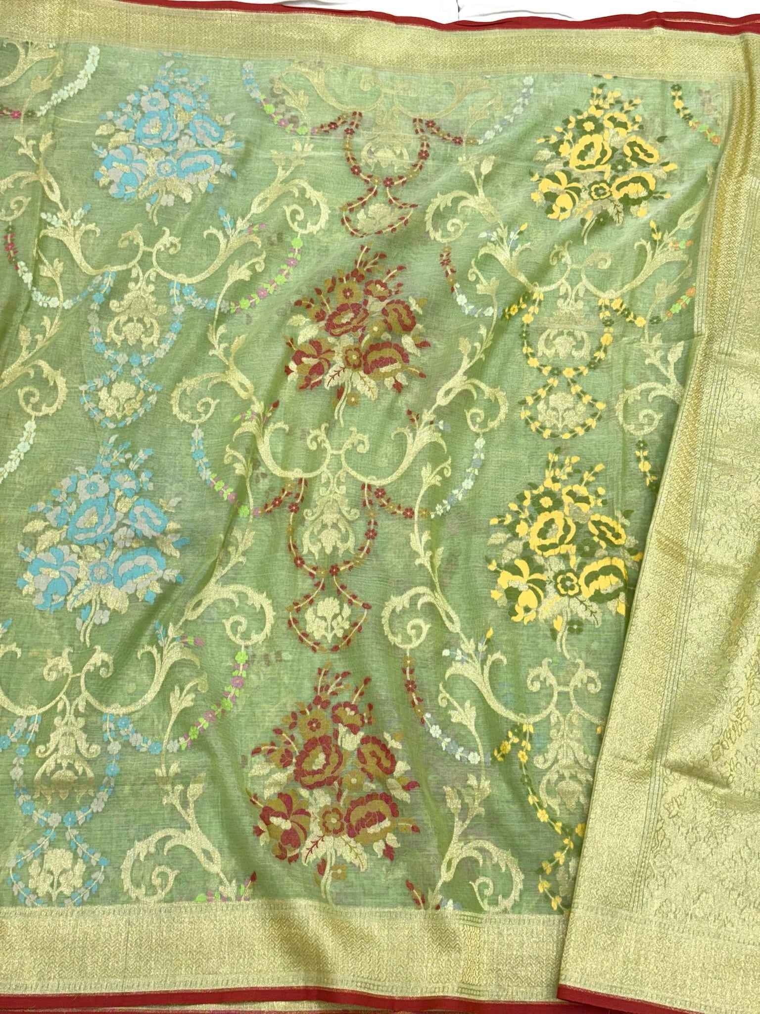 Pista Green Pure Muslin Cotton Ektara Jamdani Handloom Modern Banarasi Lightweight Saree