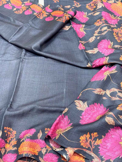 Black Pure Tussar Silk Handloom Printed Banarasi Saree - Soft Lightweight Banarasi Saree