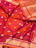 Reddish Orange Pure Mashru Satin Silk Handwoven Banarasi Saree- Tanchoi