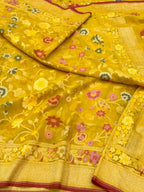 Mustard Yellow Handloom Ektara Banarasi Saree | Pure Muslin Cotton Jamdani Banarasi Saree