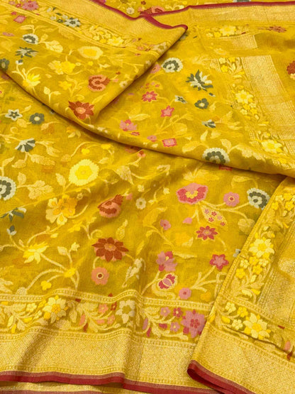 Mustard Yellow Handloom Ektara Banarasi Saree | Pure Muslin Cotton Jamdani Banarasi Saree