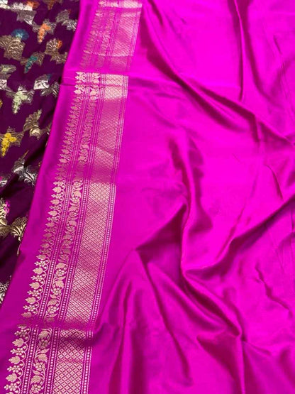 Wine Pure Mulberry Katan Silk Handwoven Banarasi Saree | Kadhwa Weave |