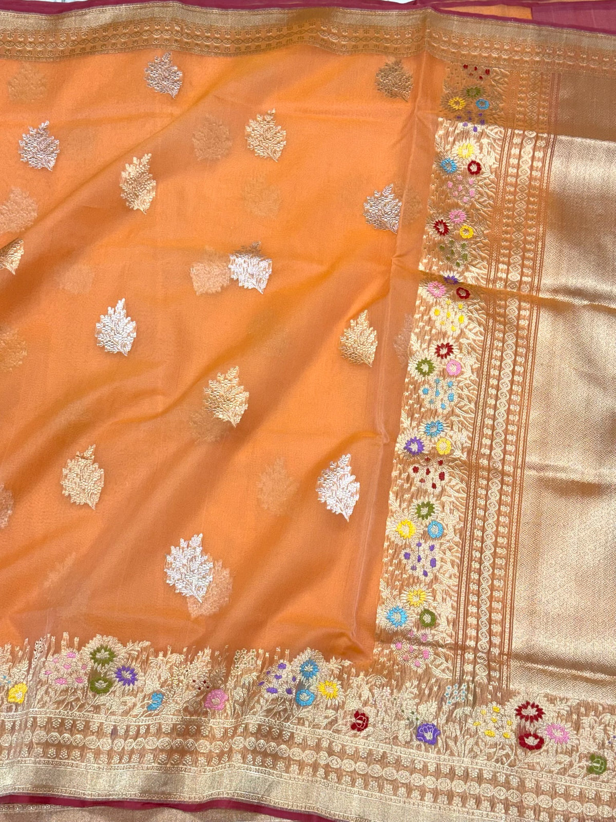 Orange Authentic Banarasi Saree - Pure Kora Mulberry Silk | Kadhwa Technique | Handwoven Timeless Banarasi Saree
