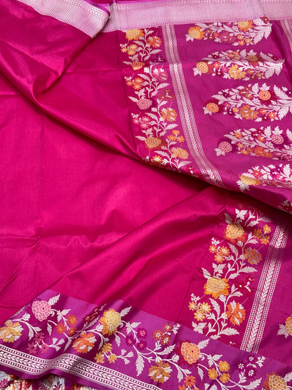 Rani Pink Pure Katan Silk Handwoven Banarasi Saree |Kadhuwa Weave|