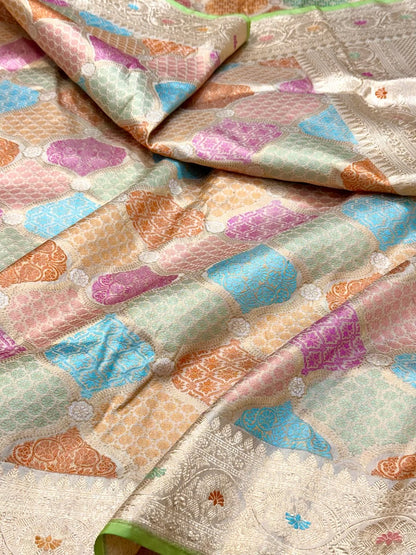 Ivory Handwoven Pure Banarasi Rangkaat Saree - 100% Pure Mulberry Katan Silk | Rangkaat Technique | Exclusive Banarasi Saree