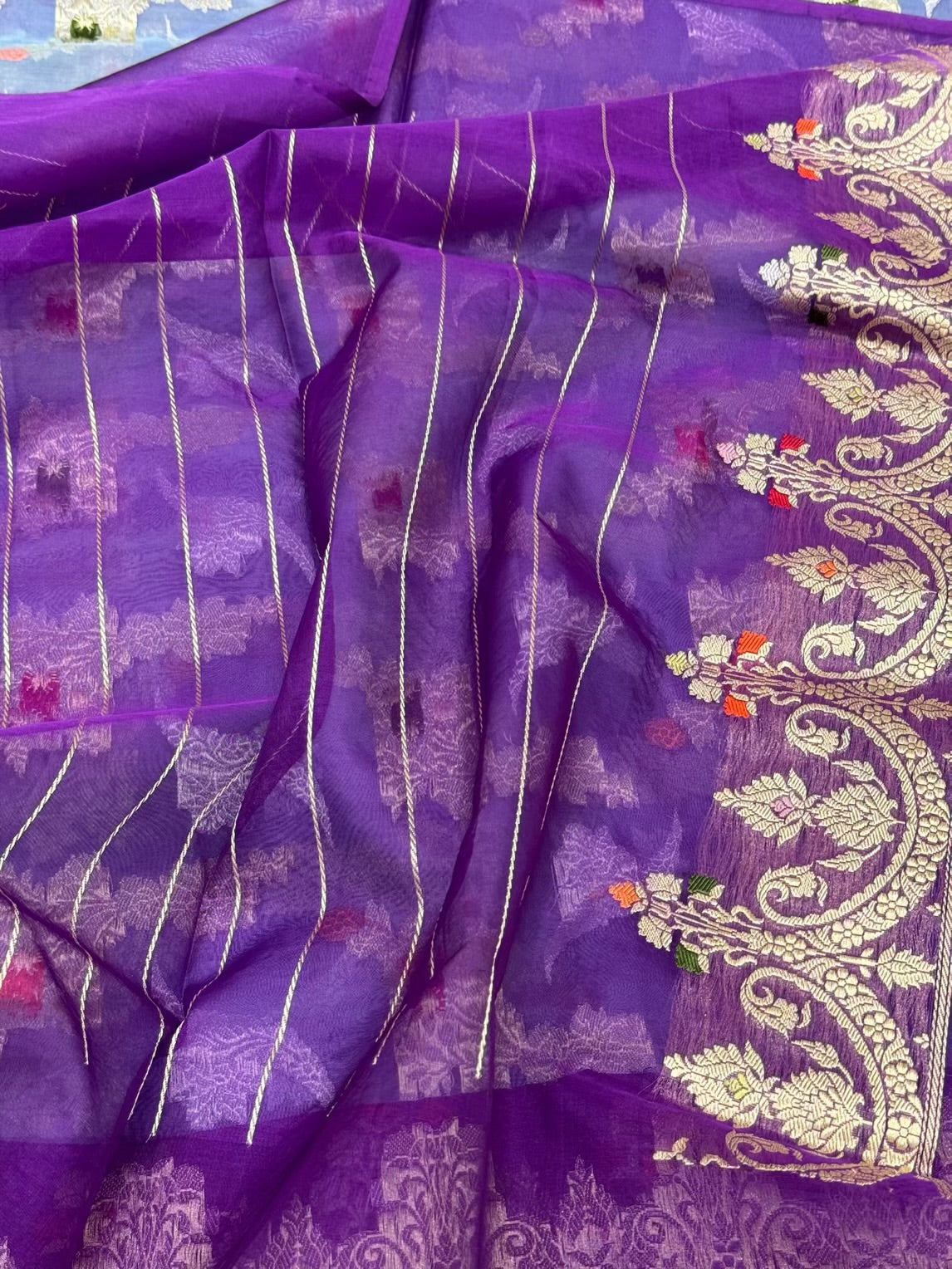 Blue Pure Kora Banarasi Silk Saree | Pure Mulberry Silk Handwoven Banarasi Saree - Kadhwa Weave