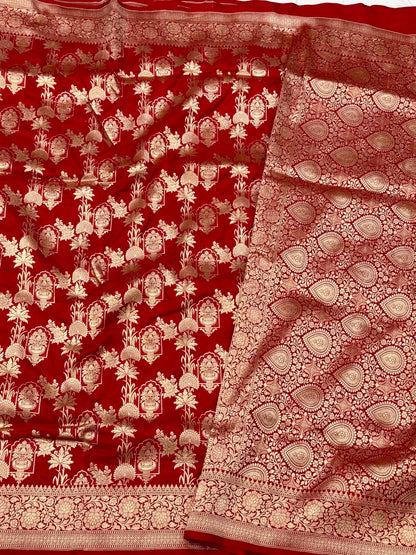 Red Pure Mulberry Katan Silk Banarasi Saree | Authentic Handloom Luxury