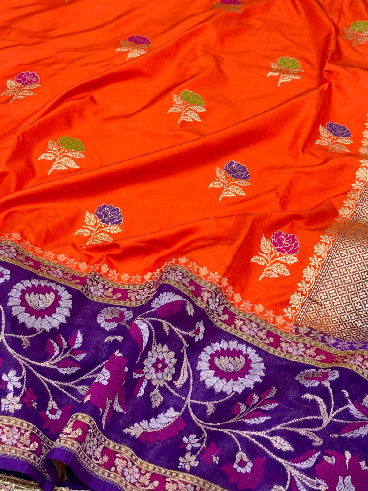 Orange Pure Mulberry Katan Silk Handwoven | Kadhwa + Kadhiyal | Banarasi Saree - Drape In Distinction
