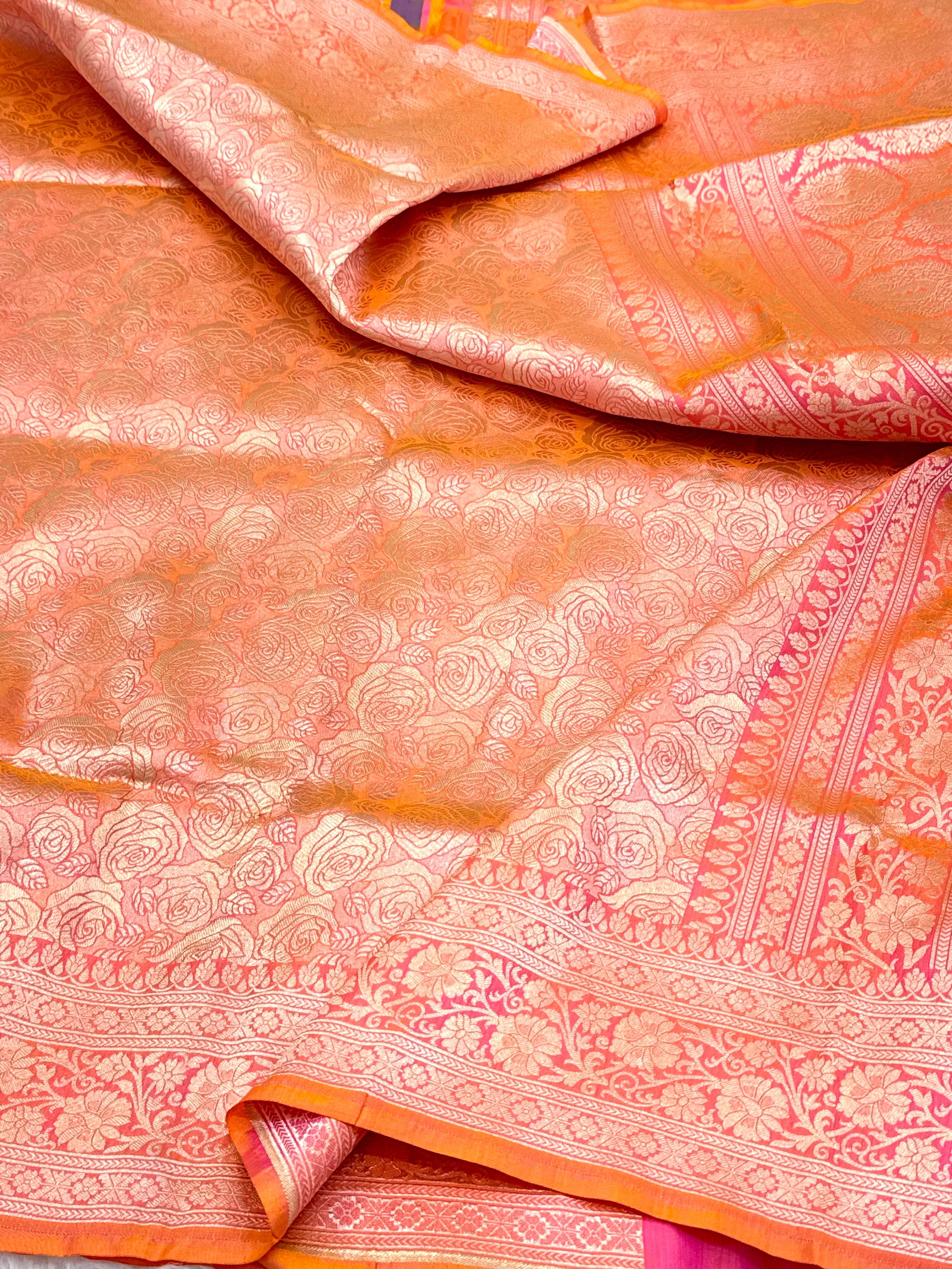 Peach Orange Pure Mulberry Katan Silk Handloom Banarasi Saree
