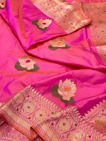 Bright Pink Pure Mulberry Silk Saree With Pure Katan Silk | Kadhwa Technique | Handwoven Authentic Ektara Banarasi Saree