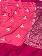 Peach Pink Pure Mulberry Muga And Satin Silk Banarasi Saree - Lightweight soft drape