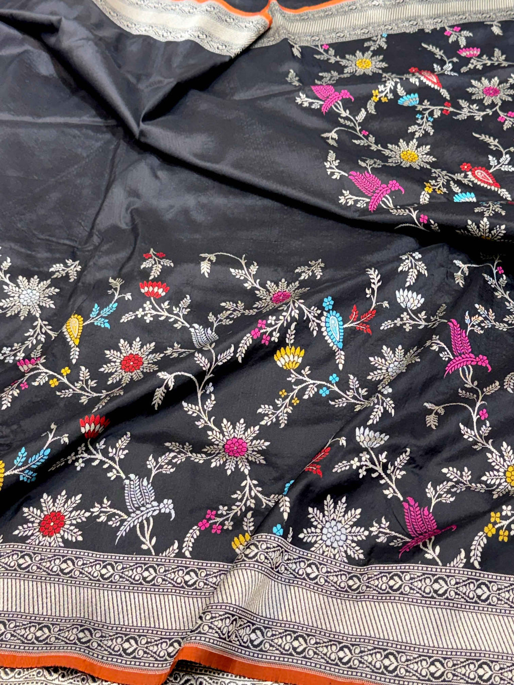 Black Pure Mulberry Katan Silk Handloom Banarasi Saree