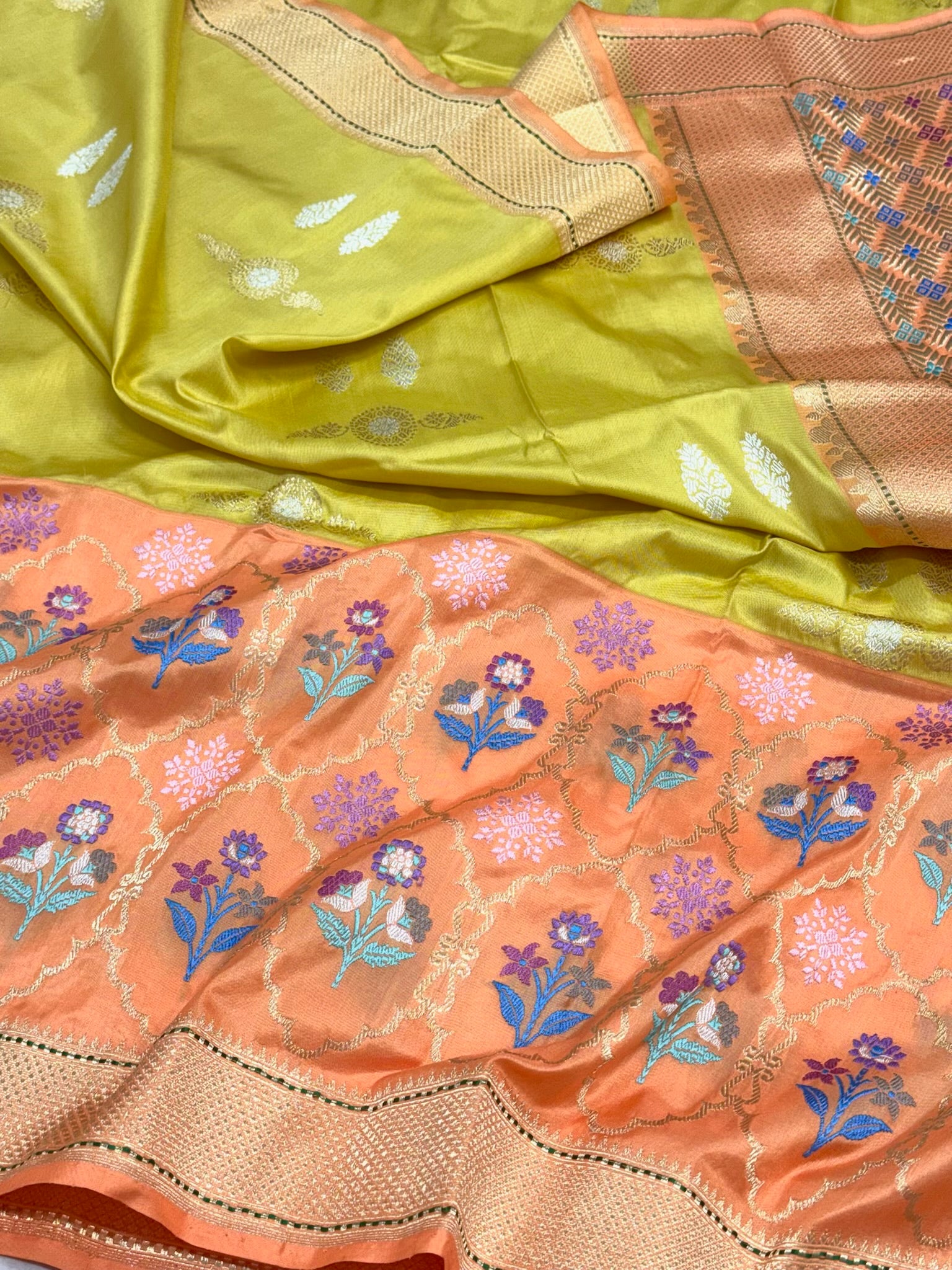 Lemon Yellow/ Orange Authentic Premium Banarasi Saree - Pure Katan Mulberry Silk | Kadhwa + Kadhiyal Technique | Handwoven Saree
