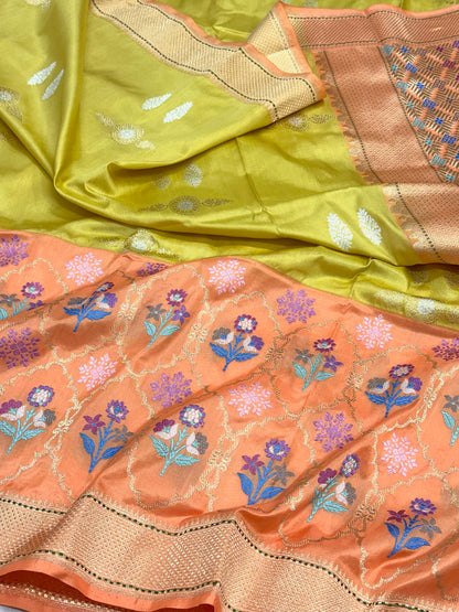Lemon Yellow/ Orange Authentic Premium Banarasi Saree - Pure Katan Mulberry Silk | Kadhwa + Kadhiyal Technique | Handwoven Saree