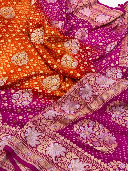 Pink/Orange Pure Chiffon Georgette Soft Drape Lightweight Saree | Handloom Banarasi Bandhej Saree