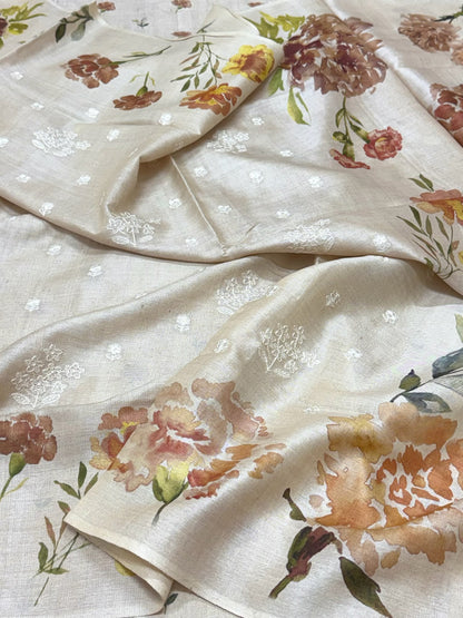Ivory Pure Tussar Silk Handloom Printed with Embroidery Banarasi Saree - Elegance, Recrafted