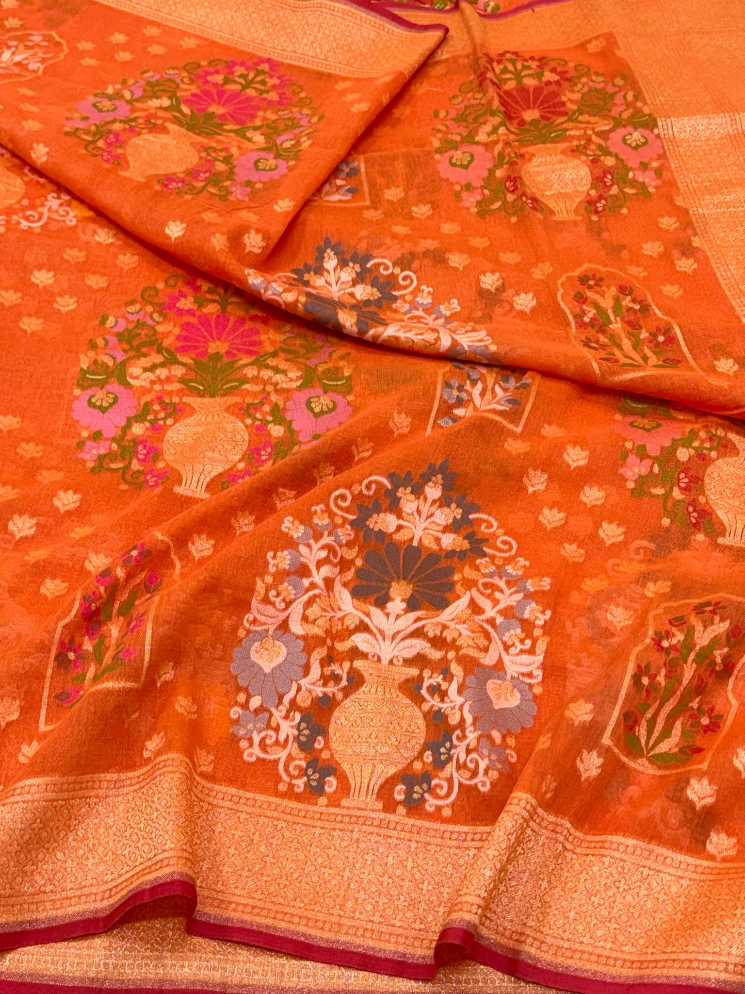 Orange Pure Muslin Cotton Jamdani Handloom Banarasi Saree - Ektara Weave