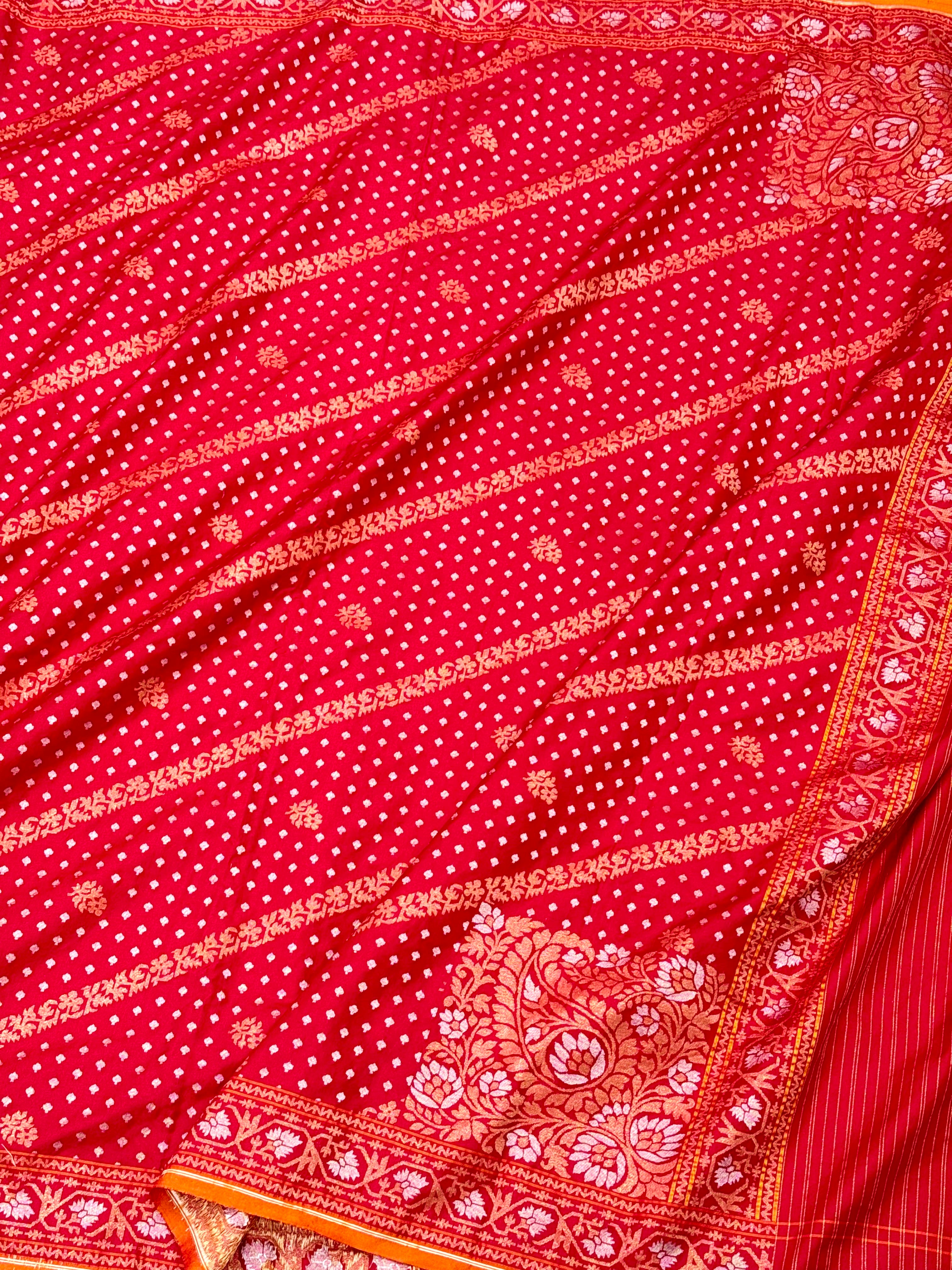 Red Pure Double Katan Silk Handloom Jamdani Banarasi Saree- Ektara Weave