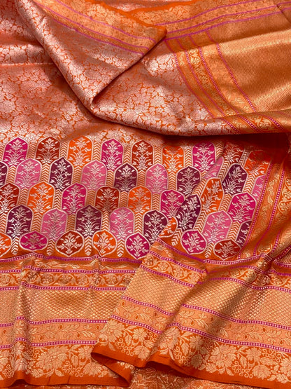 Orange Pure Mulberry Katan Silk Handwoven - Kadhwa Techique Modern Banarasi Brocade Saree