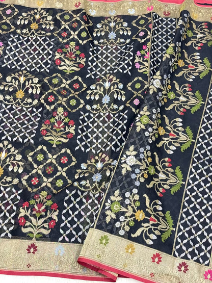 Matte Black Pure Mulberry Kora Organza Silk Jamdani Handwoven Banarasi Saree