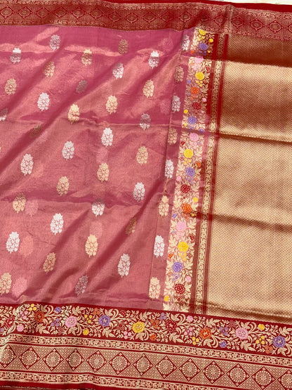 Onion Pink Pure Kora Tissue Silk Handwoven Banarasi Silk Saree | Katan Silk Border & Blouse