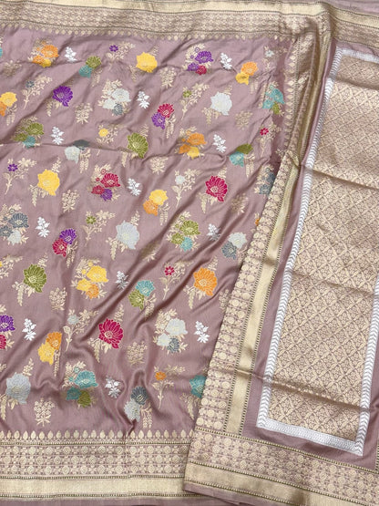 Dusty Mauve Pink Handwoven Ektara Saree | Kadhwa Technique | Aunthentic Banarasi Pure Katan Mulberry Silk Saree