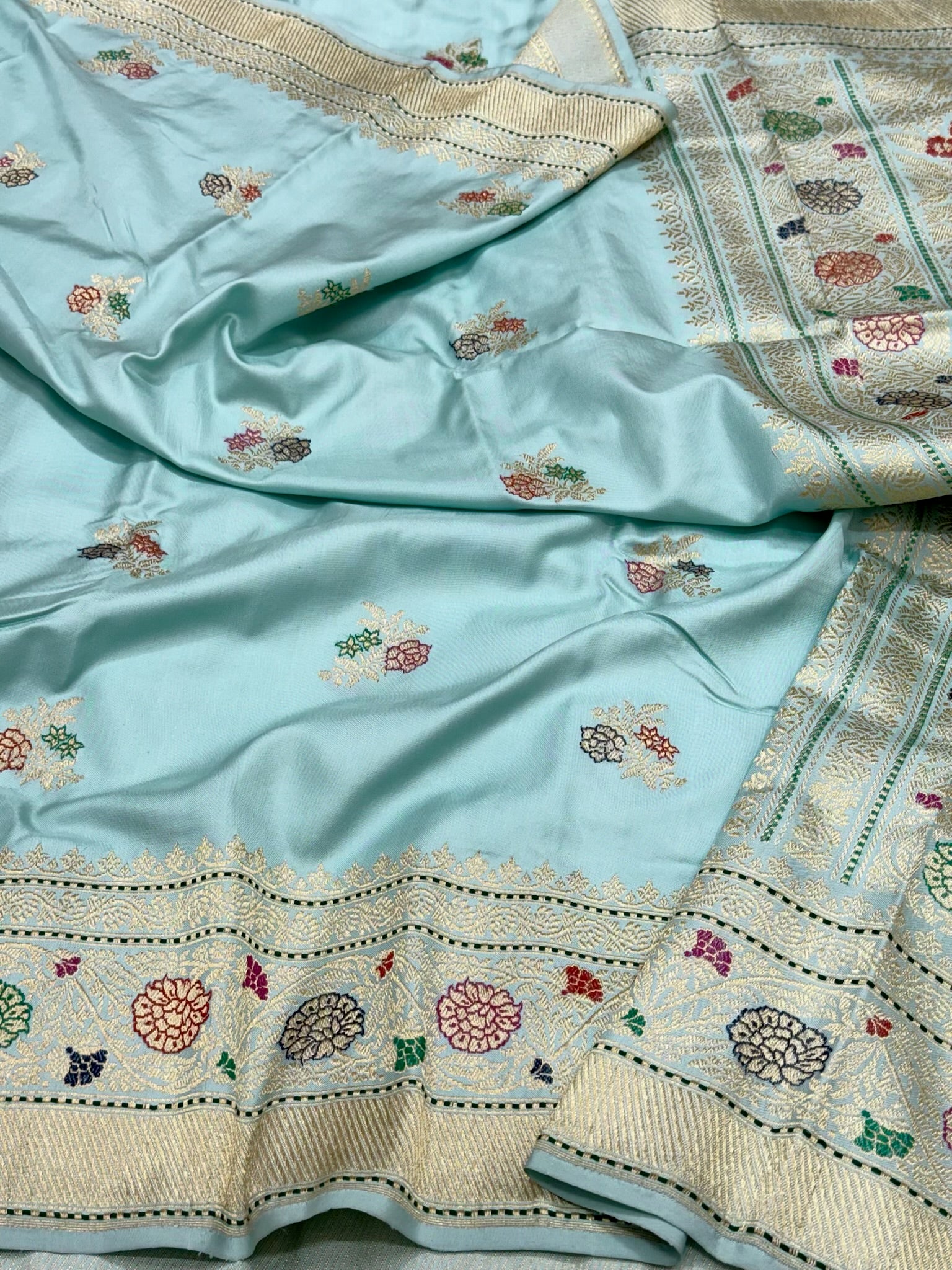 Sky Blue Pure Mulberry Katan Silk Handwoven Banarasi Saree - Kadhwa Ektara Weave
