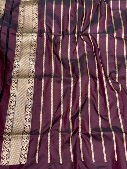 Wine Pure Double Katan Silk Saree | Pure Mulberry Silk Handwoven ( Kadhwa Technique ) Banarasi Saree