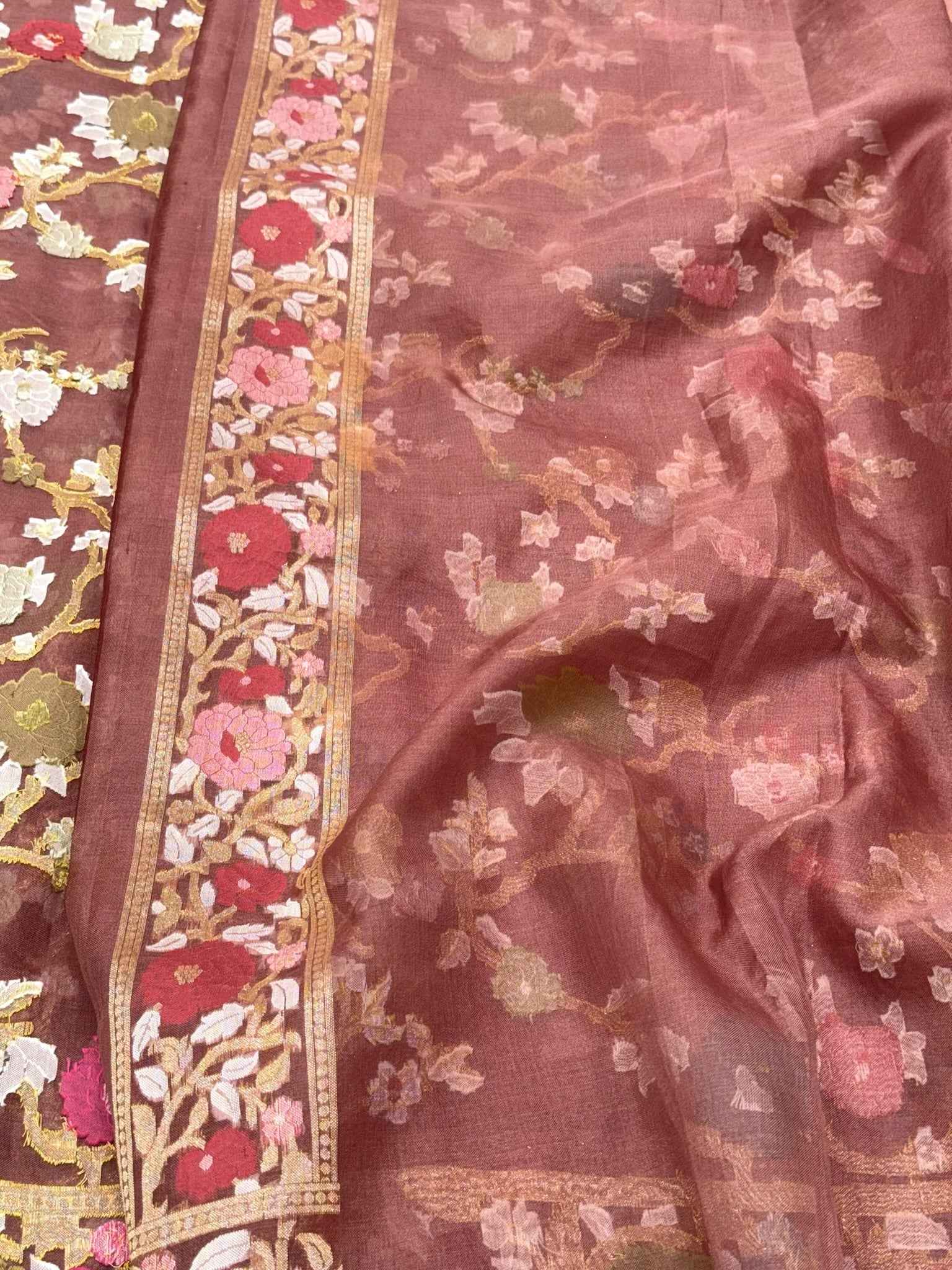 Cinnamon Brown Banarasi Handloom Saree | Pure Kora Mulberry Silk Jamdani Ektara Saree