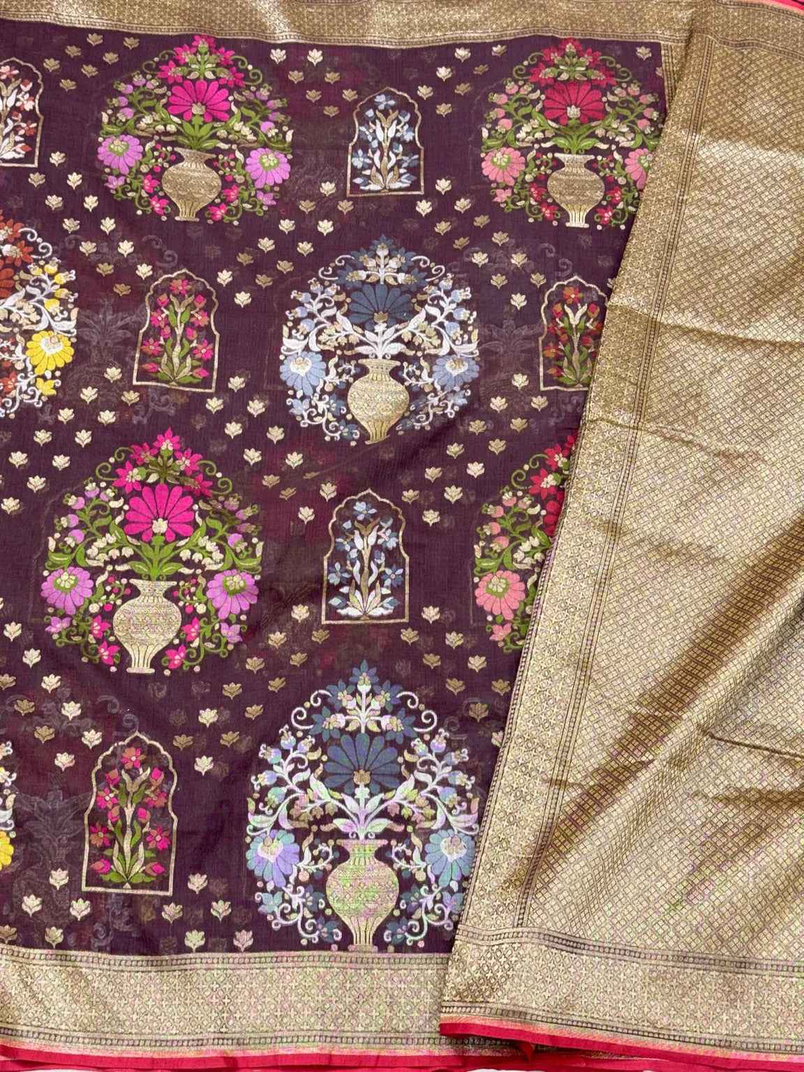 Wine Pure Muslin Cotton Handloom Banarasi Saree