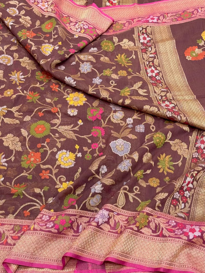 Chocolate Brown Pure Muslin Cotton Jamdani Handloom Banarasi Saree |Ektara Weave|