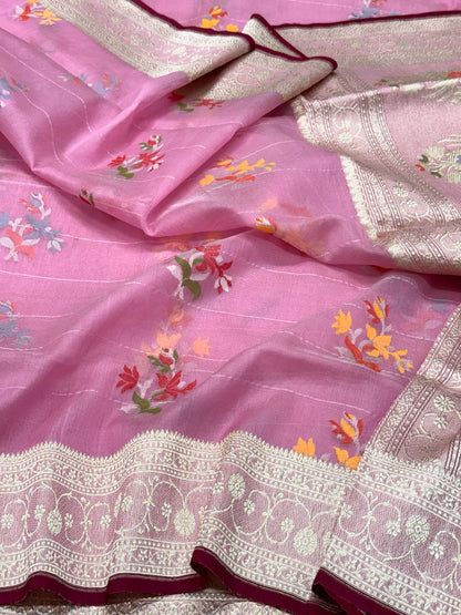 Candy Pink Pure Kora Mulberry Silk Handloom Banarasi Saree - Ektara Jamdani Banarasi Saree