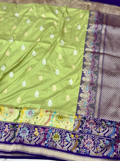 Pista Green Pure Mulberry Katan Silk | Kadhwa + Kadhiyal Weave | Handwoven Modern Banarasi Saree