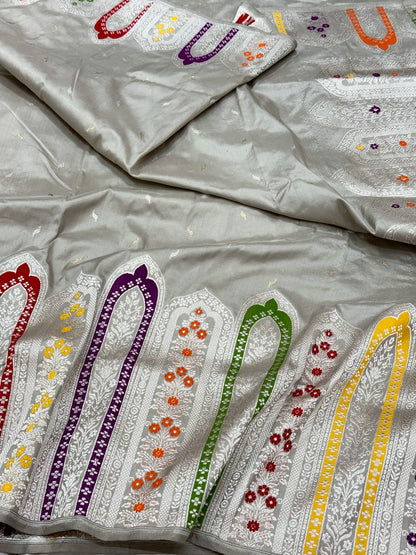 Ash Gray Pure Katan Mulberry Silk Handwoven -Kadhwa Technique Banarasi Saree | The Beauty Of Authentic Handweaving