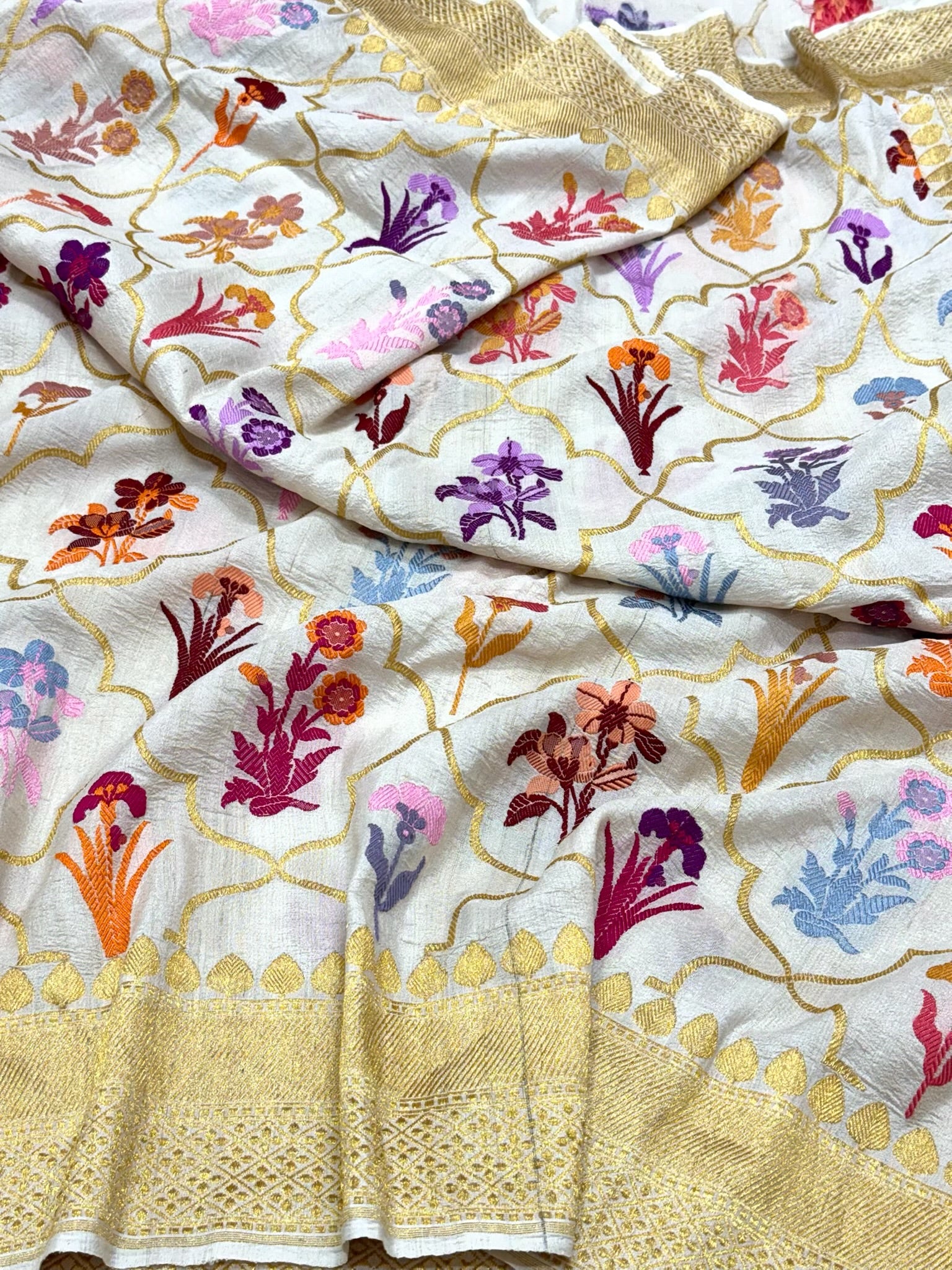 Ivory Pure Tussar Georgette Silk Kadhwa Technique Handwoven Banarasi Saree | Modern Banarasi Muse