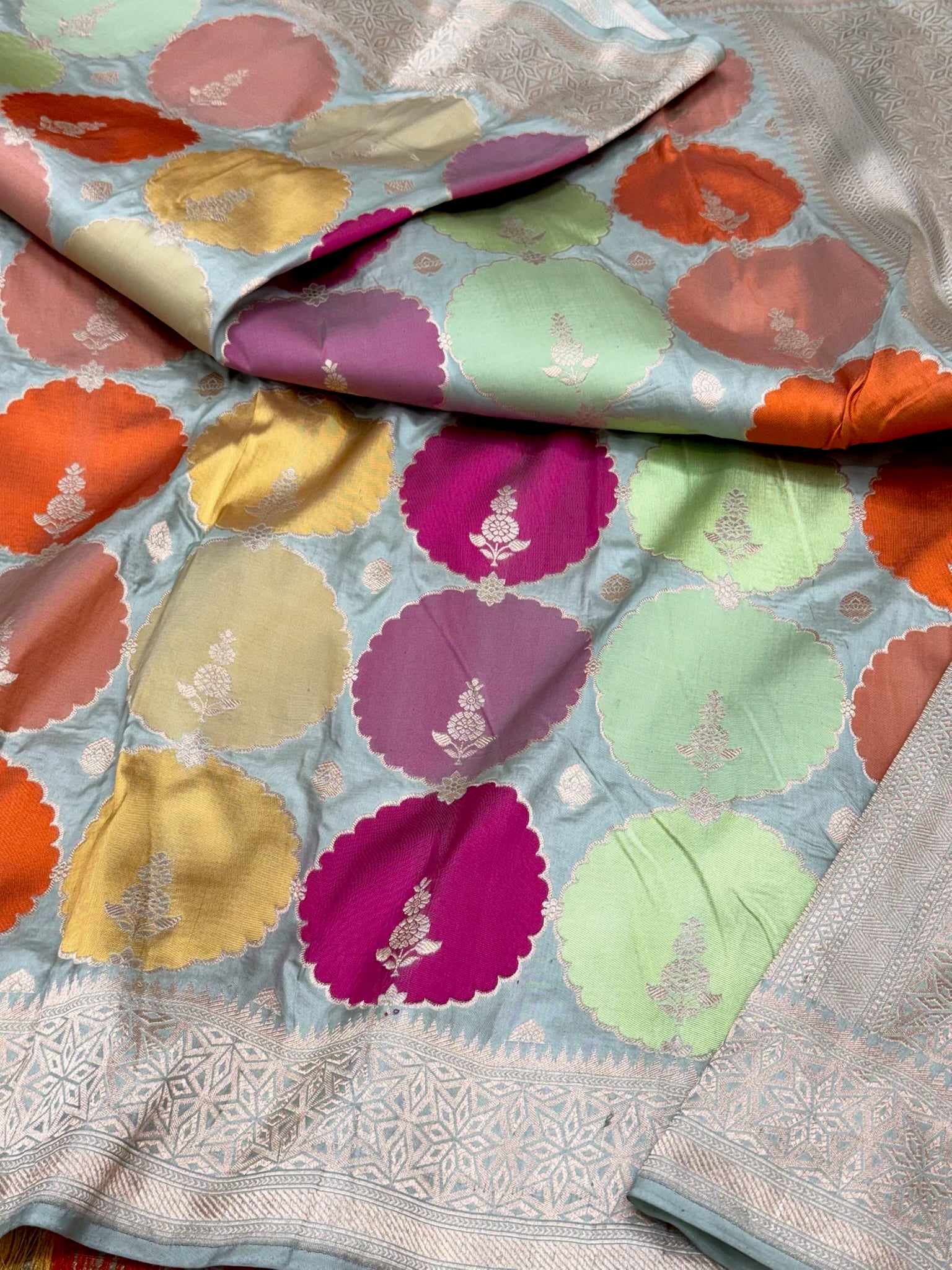 Mint Green Pure Mulberry Katan Silk Handloom Banarasi Rangkaat Saree