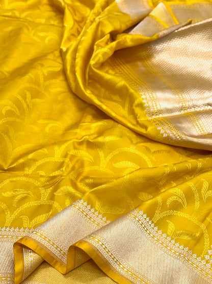 Yellow Pure Mashru Satin Silk Handwoven Banarasi Saree |Tanchoi|