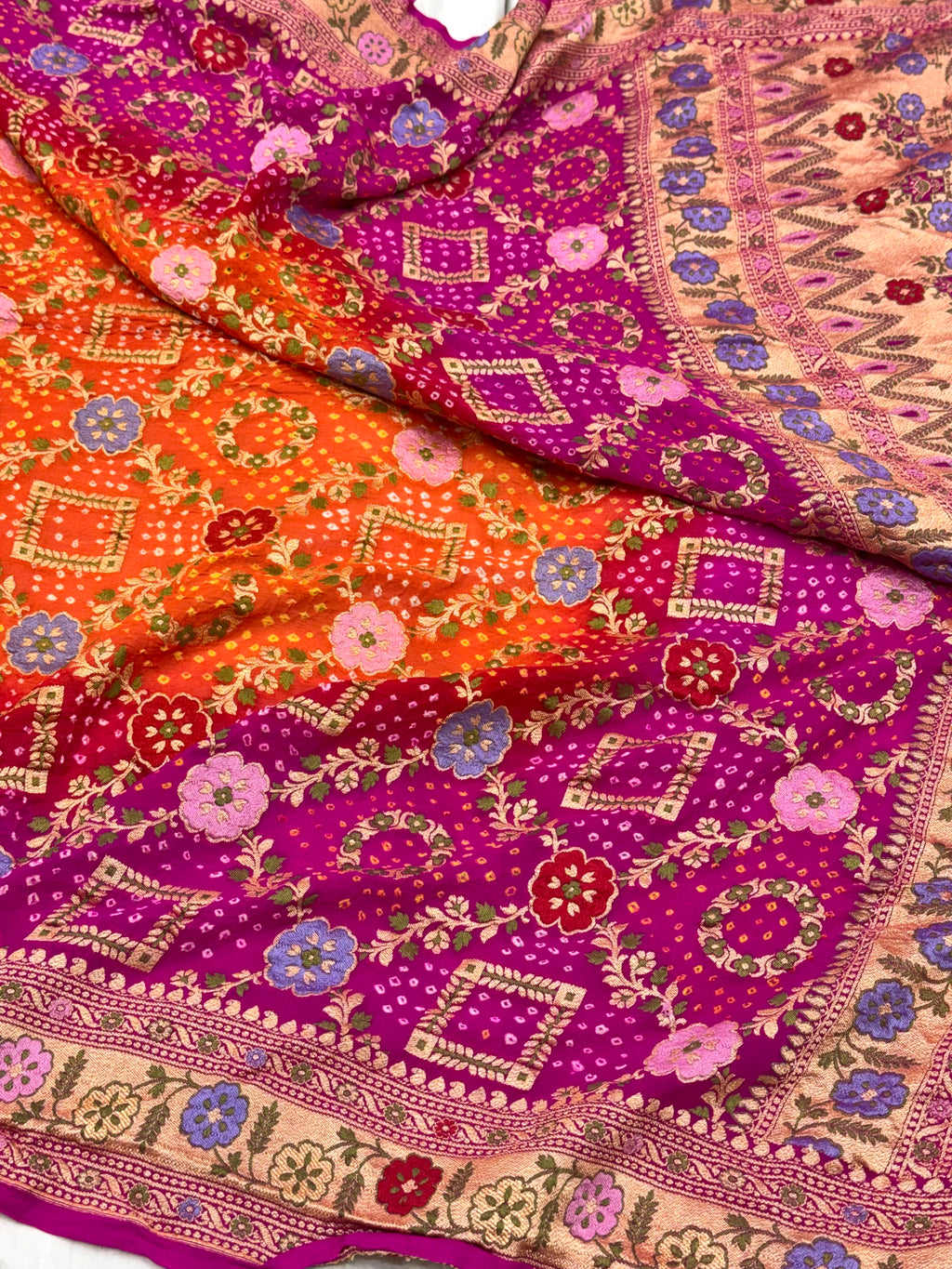 Orange Pure Chiffon Khaddi Georgette Bandhej Handwoven Saree