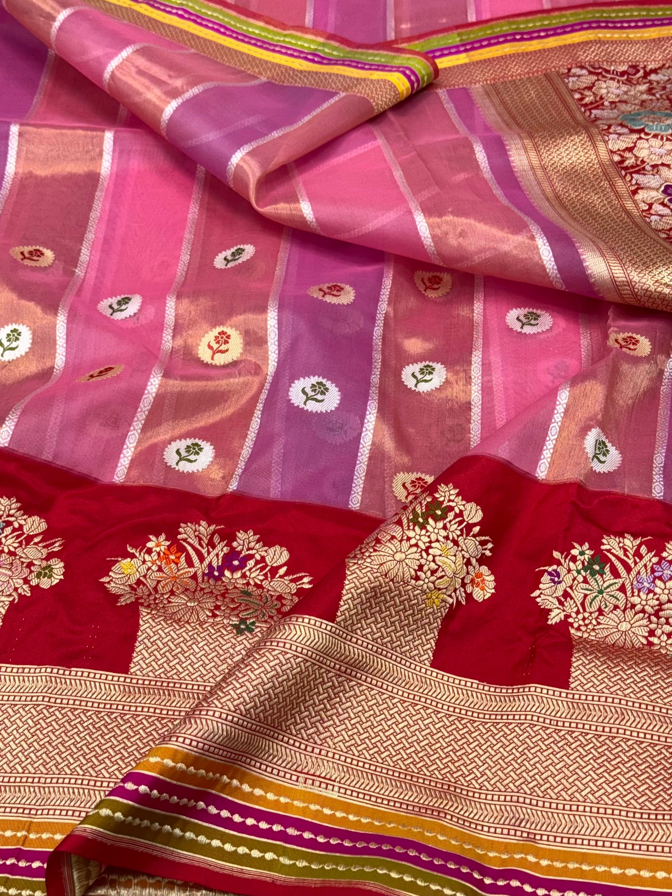 Red Pure Mulberry Kora Silk  Handwoven Banarasi Saree