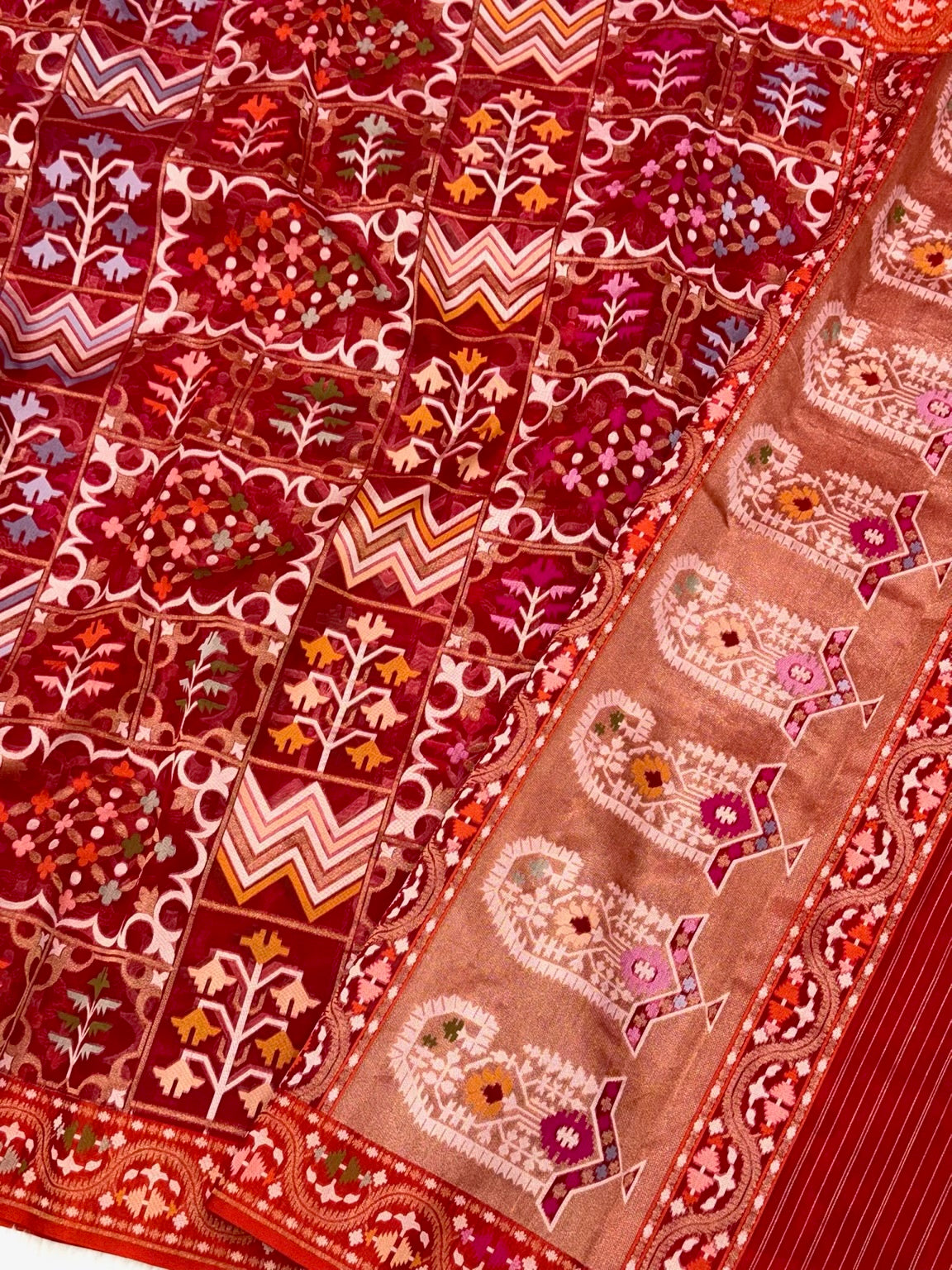 Red Pure Kora Silk Saree| Ektara Technique |Handloom Banarasi Saree