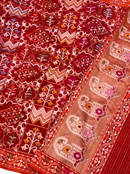 Red Pure Kora Silk Saree| Ektara Technique |Handloom Banarasi Saree