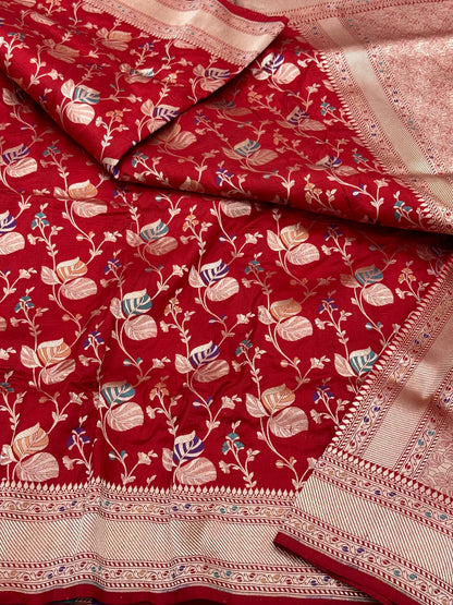 Red Pure Mulberry Katan Silk Handloom Banarasi Saree - Authentic Banarasi Meenakari Saree