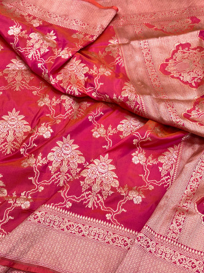 Pink Pure Mulberry Katan Silk Handloom Banarasi Saree