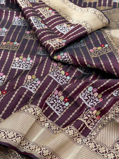 Wine Pure Double Katan Silk Saree | Pure Mulberry Silk Handwoven ( Kadhwa Technique ) Banarasi Saree