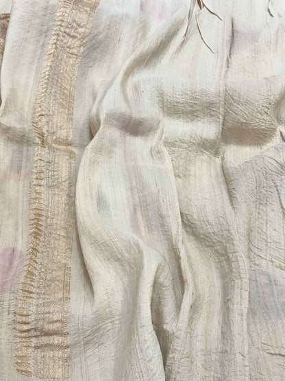 Ivory Pure Tussar Georgette Silk Kadhwa Technique Handwoven Banarasi Saree
