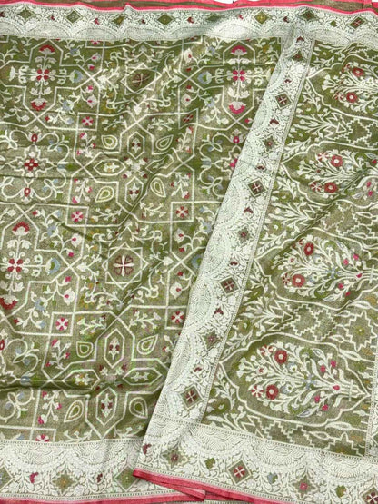 Mehendi Green Pure Kora Silk | Pure Tissue Silk Handloom Banarasi Saree