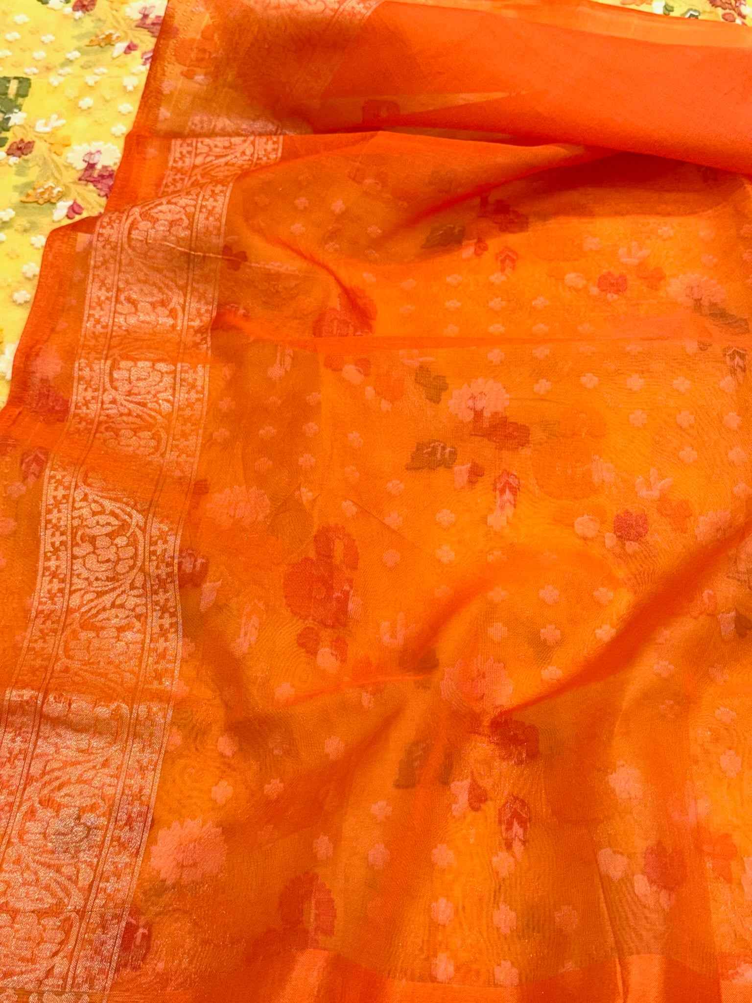 Yellow Pure Mulberry Kora Silk ( Organza ) Handloom Ektara Jamdani Banarasi Saree