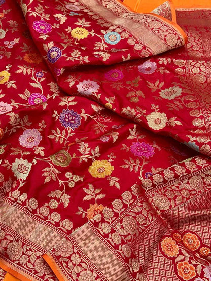 Red Pure Katan Silk & Pure Mulberry Silk Authentic Premium Banarasi Saree - Kadhwa Technique