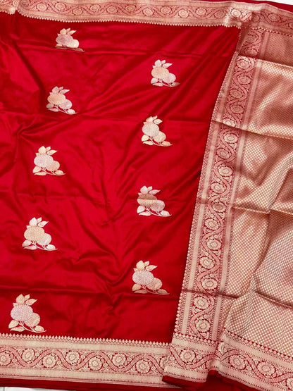Red Pure Mulberry Silk & Pure Katan Silk - Kadhwa Technique Handwoven Banarasi Saree
